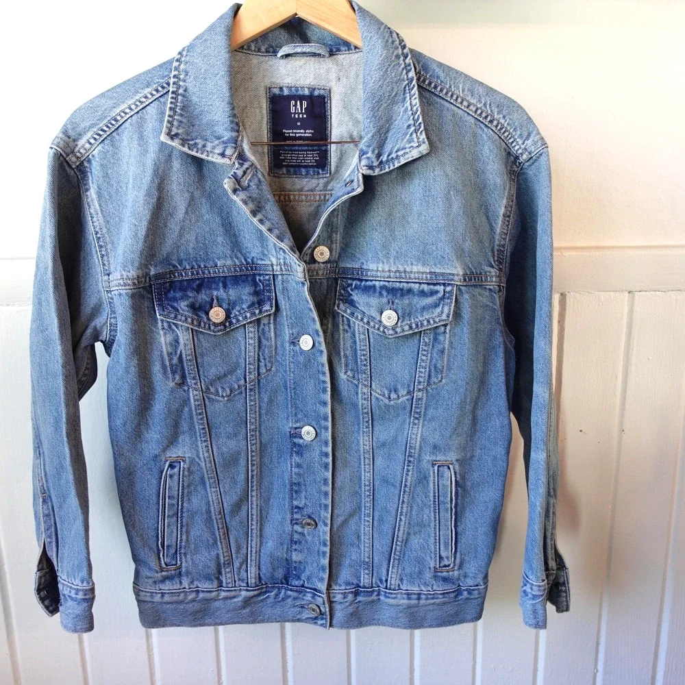 Gap Teen Denim Jacket Unisex‎ 12 Blue Washwell Trucker Jean Planet Friendly